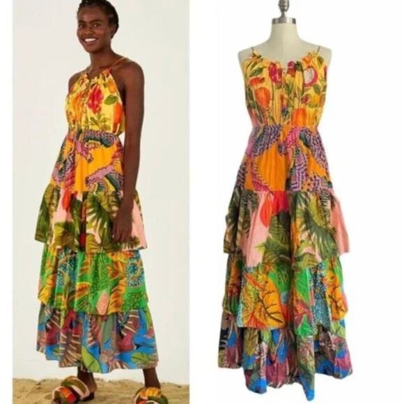 FARM Rio Tired Print Halter Midi Dress Size XL - Picture 1 of 12